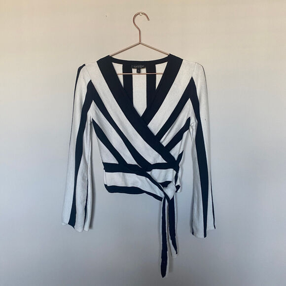 Topshop Sweaters - Topshop Womens Sweater Size 12 Striped Wrap Tie Long Sleeve Cropped Coastal Chic